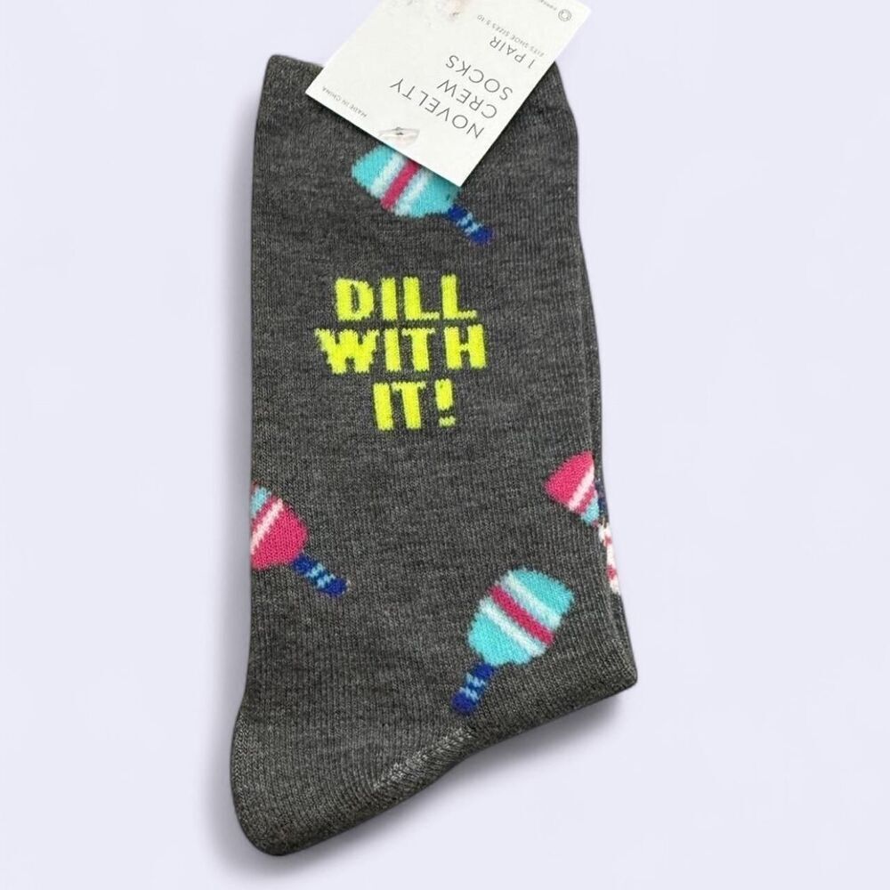 Pickleball Grey crew socks with “Dill with It” design Dad Joke Funny One Size